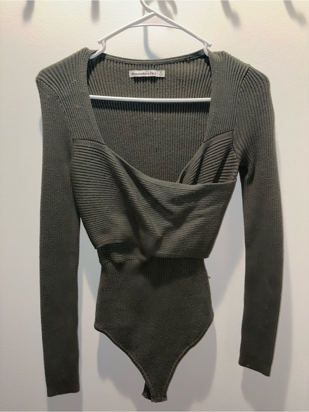 Abercrombie & Fitch Olive Ribbed Square-Neck Long-Sleeve Bodysuit